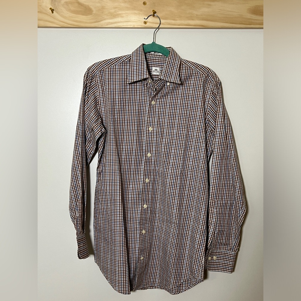 Peter Millar Button Down Plaid Brown Blue Men Size Small